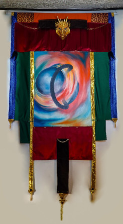 The Ruler of Saturn’ Acrylic painting 2ft 5in by 3ft 4in within a tapestry extending it to 4ft 6in by 7ft 9in